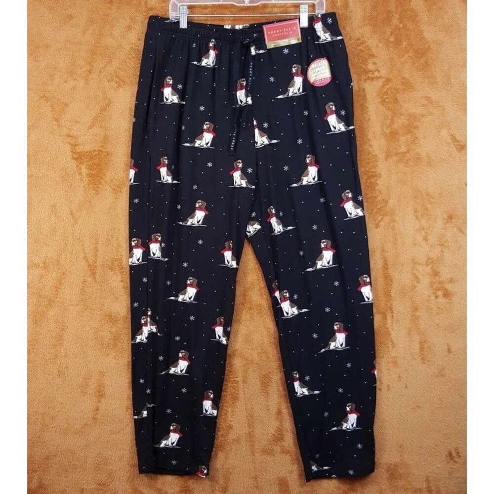 PERRY ELLIS Pajama Pants XL Black Drawstring Dog Snowflakes Winter Sleepwear PJs